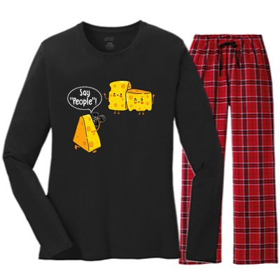 Say People Cheese Lover Food Dairy Milk Gouda Cheddar Brie Women's Long Sleeve Flannel Pajama Set 