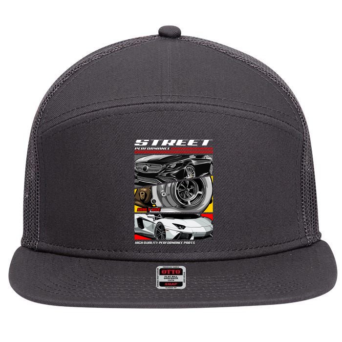 Street Performance Car Turbo Kit Design 7 Panel Mesh Trucker Snapback Hat