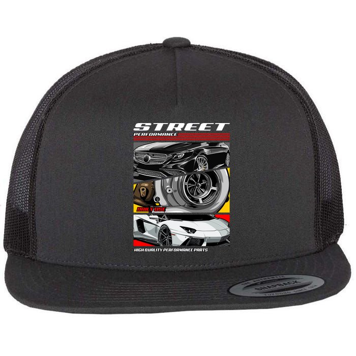 Street Performance Car Turbo Kit Design Flat Bill Trucker Hat