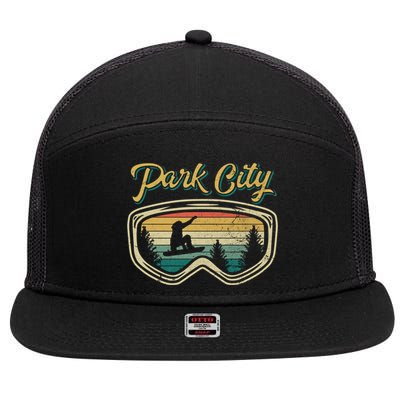 Snowboard Park City Utah Distressed Goggles Big Air Snow Gift 7 Panel Mesh Trucker Snapback Hat