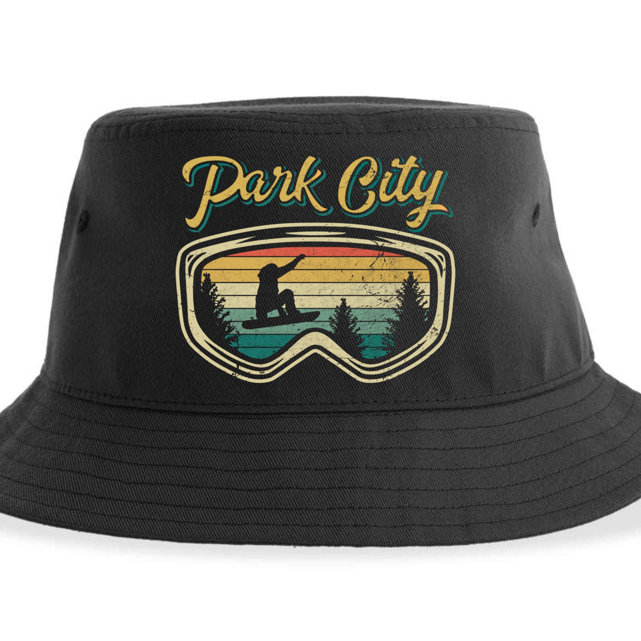 Snowboard Park City Utah Distressed Goggles Big Air Snow Gift Sustainable Bucket Hat