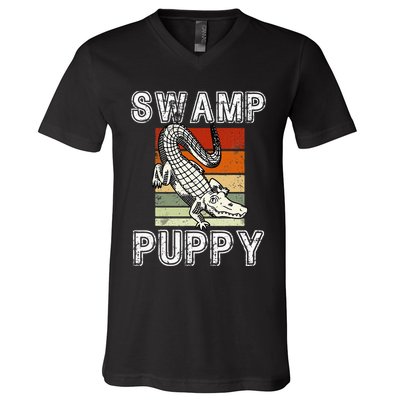Swamp Puppy Cute Funny Sarcastic Alligator Crocodile V-Neck T-Shirt