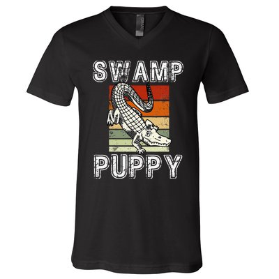 Swamp Puppy Cute Funny Sarcastic Alligator Crocodile V-Neck T-Shirt