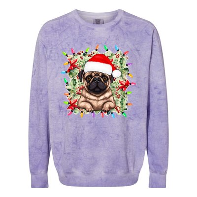 Santa Pug Christmas Lights Flowers Owner Family Gift Colorblast Crewneck Sweatshirt