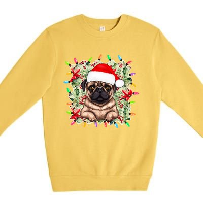 Santa Pug Christmas Lights Flowers Owner Family Gift Premium Crewneck Sweatshirt