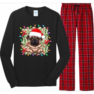 Santa Pug Christmas Lights Flowers Owner Family Gift Long Sleeve Pajama Set