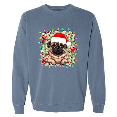 Santa Pug Christmas Lights Flowers Owner Family Gift Garment-Dyed Sweatshirt