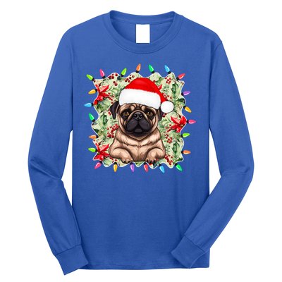 Santa Pug Christmas Lights Flowers Owner Family Gift Long Sleeve Shirt