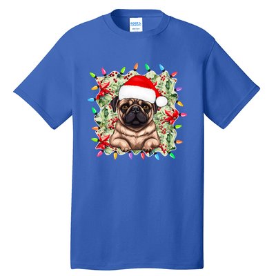 Santa Pug Christmas Lights Flowers Owner Family Gift Tall T-Shirt