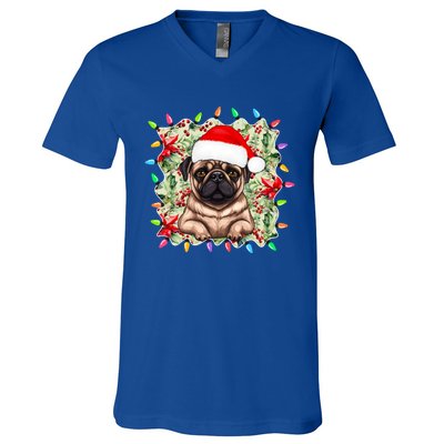 Santa Pug Christmas Lights Flowers Owner Family Gift V-Neck T-Shirt