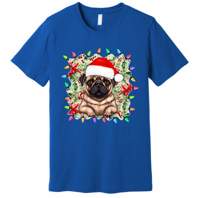 Santa Pug Christmas Lights Flowers Owner Family Gift Premium T-Shirt