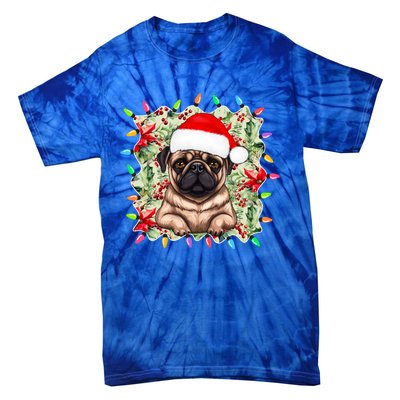 Santa Pug Christmas Lights Flowers Owner Family Gift Tie-Dye T-Shirt