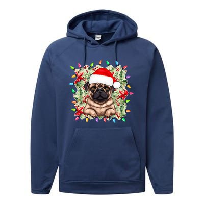 Santa Pug Christmas Lights Flowers Owner Family Gift Performance Fleece Hoodie