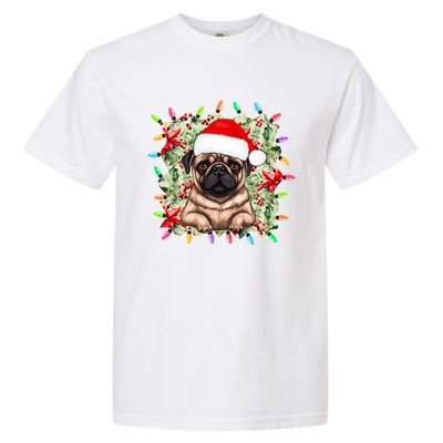 Santa Pug Christmas Lights Flowers Owner Family Gift Garment-Dyed Heavyweight T-Shirt