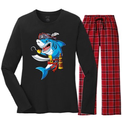 Shark Pirate Costume Jolly Roger Flag Jawsome Gifts Women's Long Sleeve Flannel Pajama Set 