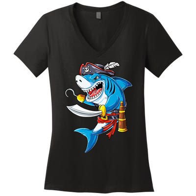 Shark Pirate Costume Jolly Roger Flag Jawsome Gifts Women's V-Neck T-Shirt