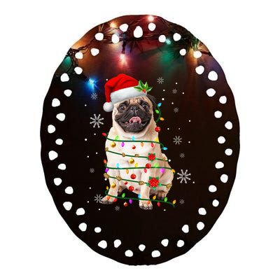 Santa Pug Christmas Lights Xmas Dog Lover Ceramic Oval Ornament