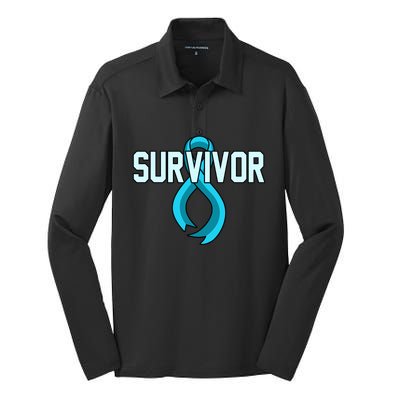 Survivor Prostate Cancer Awareness Blue Ribbon Graphic Gift Silk Touch Performance Long Sleeve Polo