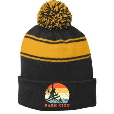 Ski Park City Utah Vintage Snow Skiing Vacation Stripe Pom Pom Beanie