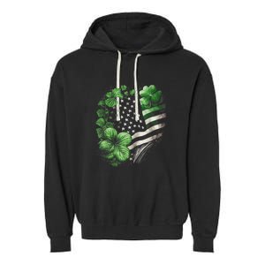 St Patricks Day Shamrock American Flag Retro Garment-Dyed Fleece Hoodie