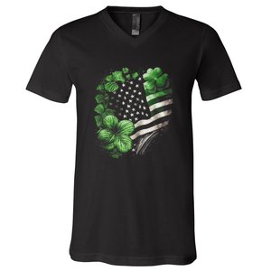 St Patricks Day Shamrock American Flag Retro V-Neck T-Shirt