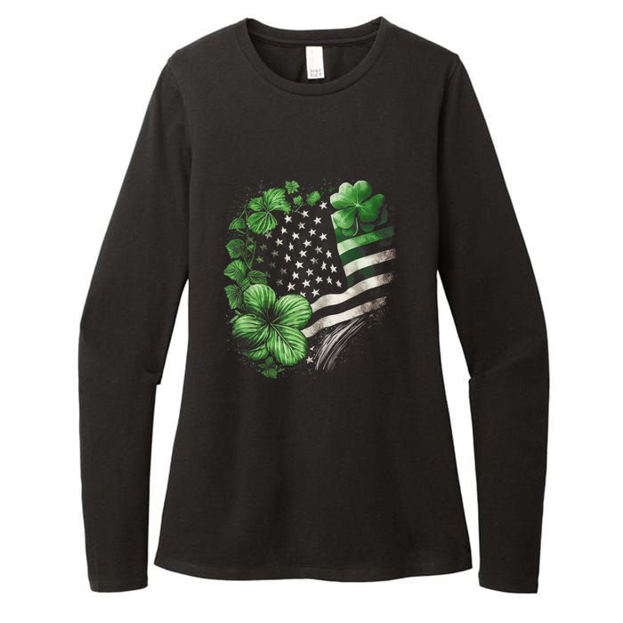 St Patricks Day Shamrock American Flag Retro Womens CVC Long Sleeve Shirt