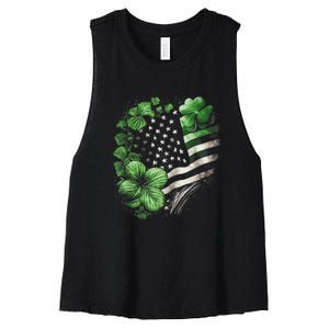 St Patricks Day Shamrock American Flag Retro Women's Racerback Cropped Tank