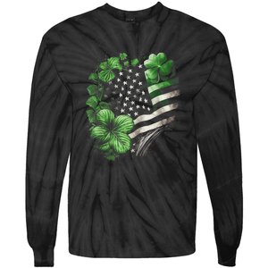 St Patricks Day Shamrock American Flag Retro Tie-Dye Long Sleeve Shirt