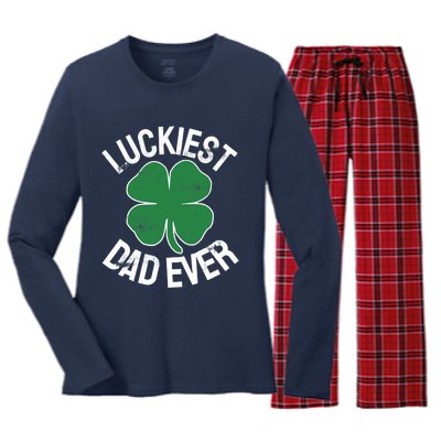 St Patrick's Day Shamrock Luckiest Dad Irish Saint Paddy's Women's Long Sleeve Flannel Pajama Set 