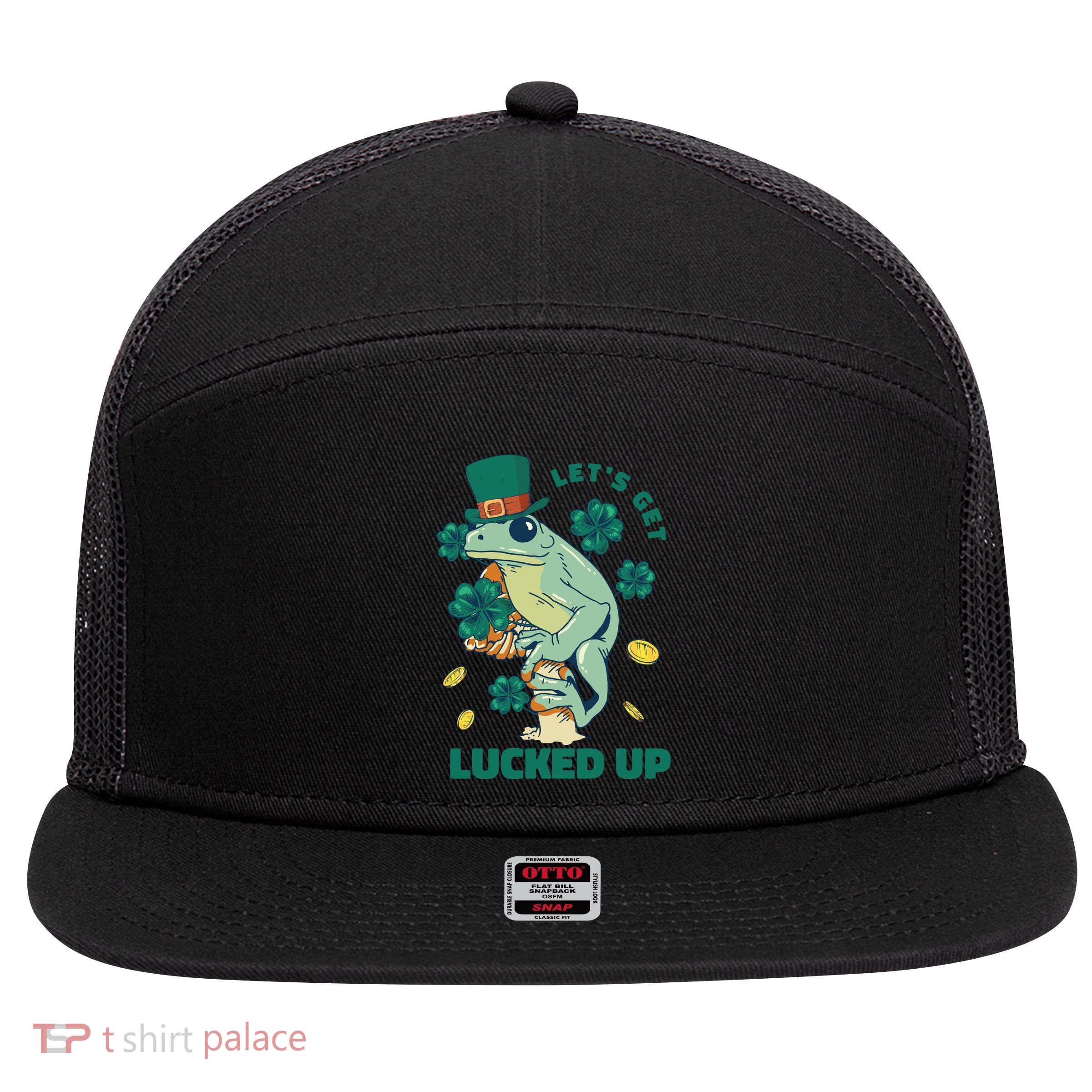 St Patricks Day Let's Get Lucked Up Frog 7 Panel Mesh Trucker Snapback Hat