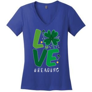 St Patrick's Day Reading Teacher Student Love Luck Clover Meaningful Gift Women's V-Neck T-Shirt