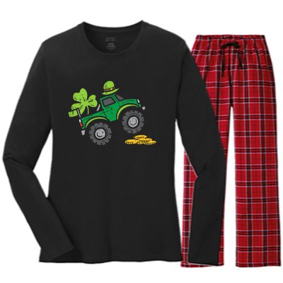 St Patricks Day Shirts Leprechaun Monster Truck Shamrock Gift Women's Long Sleeve Flannel Pajama Set 