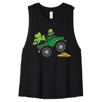 St Patricks Day Shirts Leprechaun Monster Truck Shamrock Gift Women's Racerback Cropped Tank