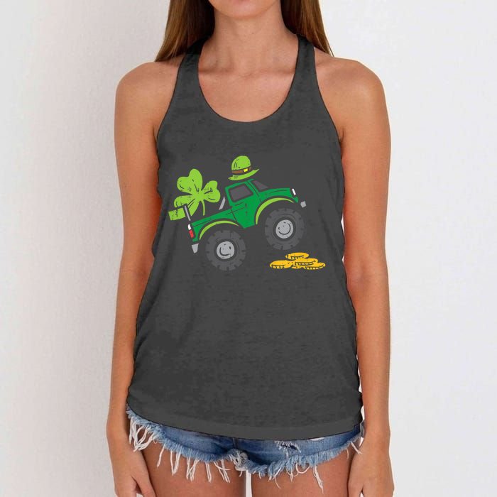 St Patricks Day Shirts Leprechaun Monster Truck Shamrock Gift Women's Knotted Racerback Tank