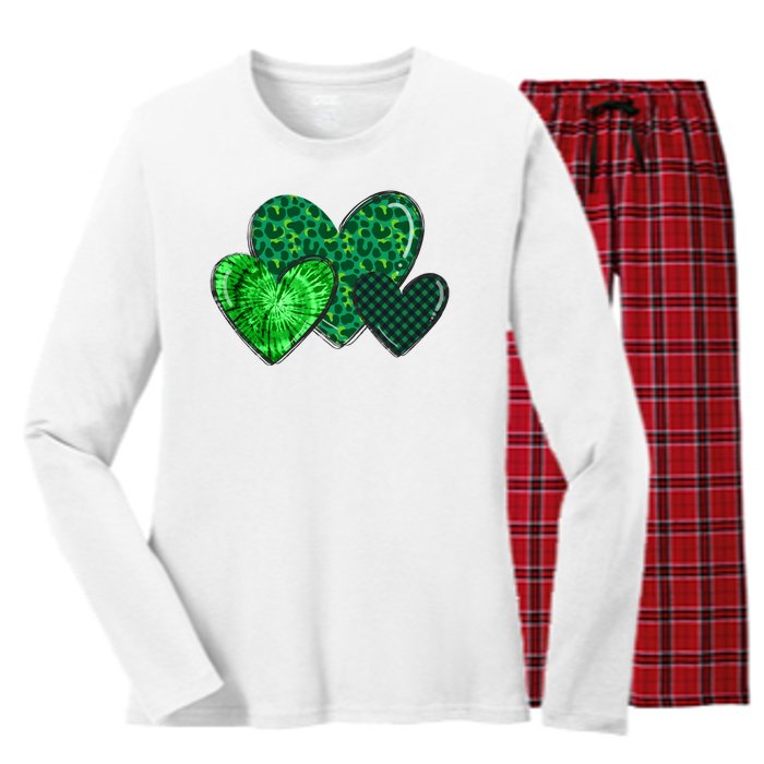 St Patricks Day Festive Heart Women's Long Sleeve Flannel Pajama Set 