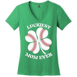 St Patrick's Day Shamrock Luckiest Mom Ever Irish Saint Paddy's Women's V-Neck T-Shirt