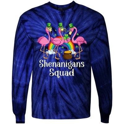 St Patrick's Day Shenanigan Squad Leprechaun Irish Flamingo Tie-Dye Long Sleeve Shirt