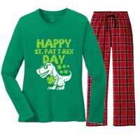 St Patricks Day Shirts Happy St Pat Trex Day Dino Gift Women's Long Sleeve Flannel Pajama Set 