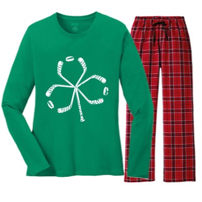 St Patricks Day Hockey Shamrock Vintage Stick Saint Paddy's Women's Long Sleeve Flannel Pajama Set 