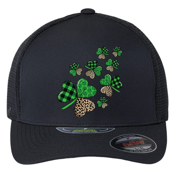 St. Patricks Day Shamrock Irish Leopard Print Plaid Pattern Flexfit Unipanel Trucker Cap