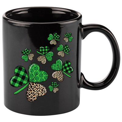 St. Patricks Day Shamrock Irish Leopard Print Plaid Pattern 11oz C Handle Ceramic Mug