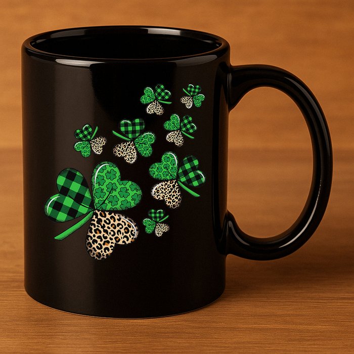 St. Patricks Day Shamrock Irish Leopard Print Plaid Pattern 11oz C Handle Ceramic Mug