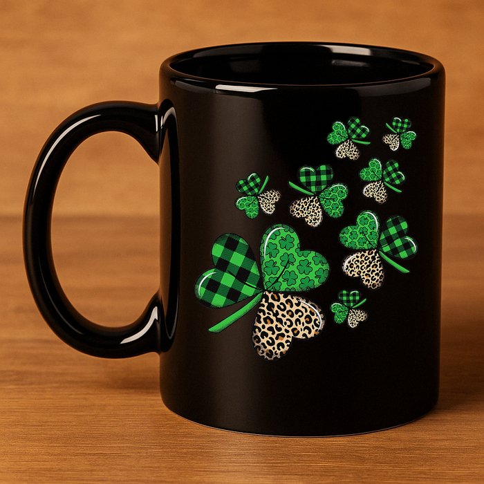 St. Patricks Day Shamrock Irish Leopard Print Plaid Pattern 11oz C Handle Ceramic Mug