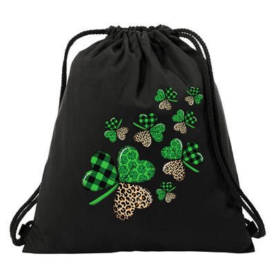 St. Patricks Day Shamrock Irish Leopard Print Plaid Pattern Drawstring Bag