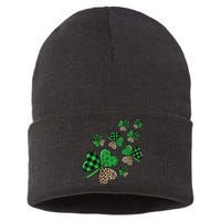 St. Patricks Day Shamrock Irish Leopard Print Plaid Pattern Sustainable Knit Beanie