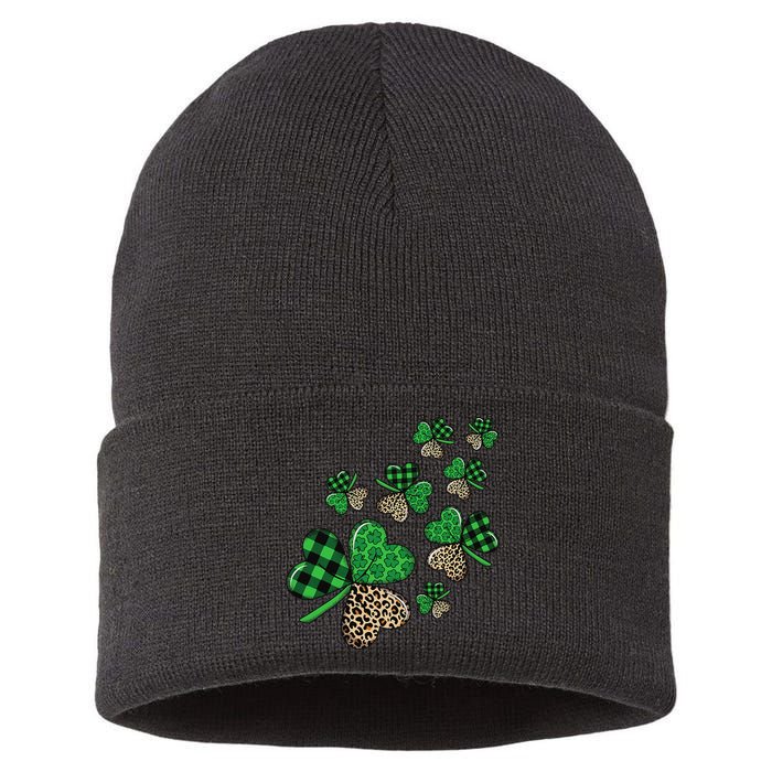 St. Patricks Day Shamrock Irish Leopard Print Plaid Pattern Sustainable Knit Beanie
