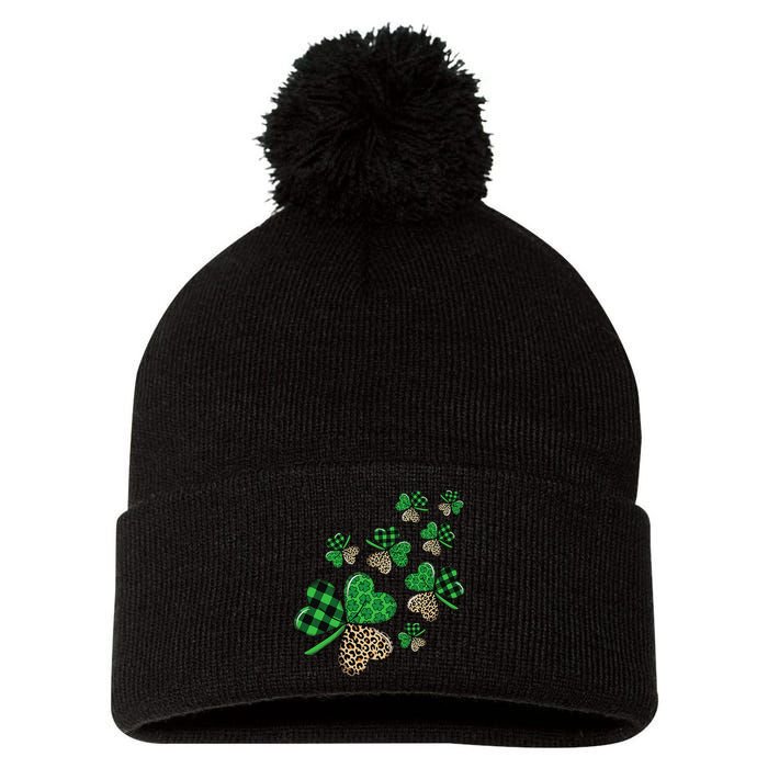 St. Patricks Day Shamrock Irish Leopard Print Plaid Pattern Pom Pom 12in Knit Beanie