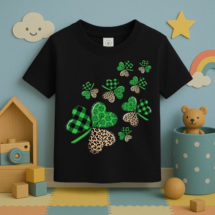 St. Patricks Day Shamrock Irish Leopard Print Plaid Pattern Toddler T-Shirt