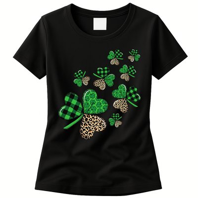 St. Patricks Day Shamrock Irish Leopard Print Plaid Pattern Womens T-Shirt