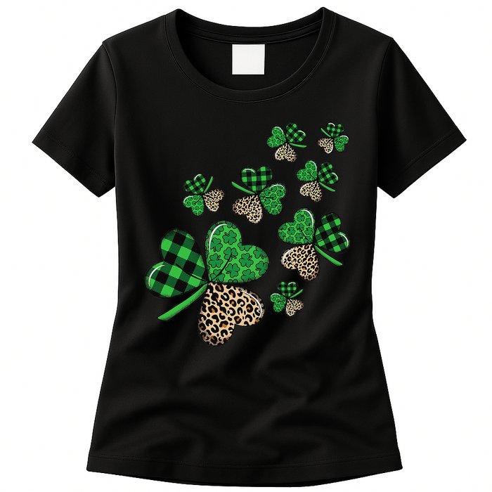 St. Patricks Day Shamrock Irish Leopard Print Plaid Pattern Womens T-Shirt